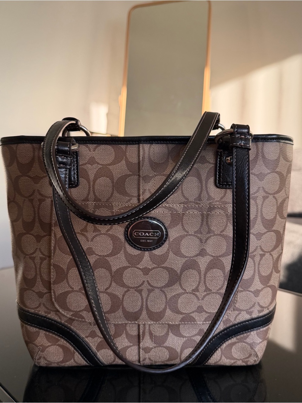 COACH Heritage Peyton Signature Tote Bag Khaki Brown F18917